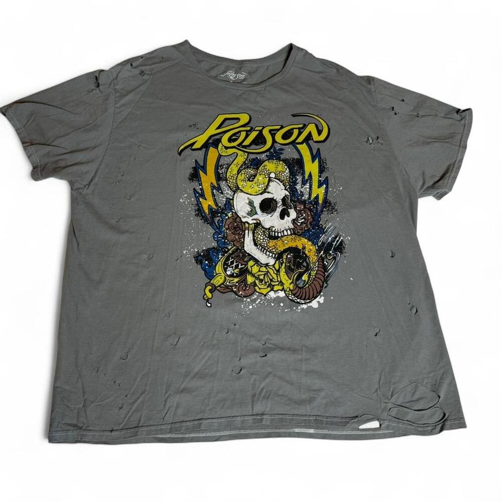 Poison Band Graphic Distressed Tee Skull Snake Rock T-Shirt Gray Size M/L